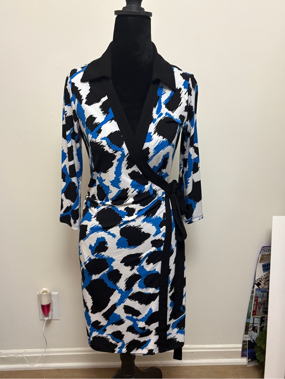 Calvin Klein Blue Black White Wrap Midi Dress
